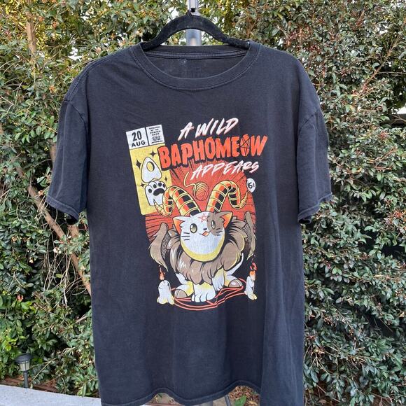 Baphomeow Black Graphic T-Shirt Unisex - Picture 1 of 4